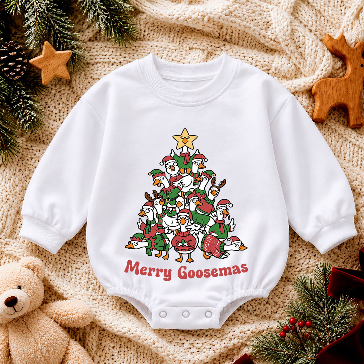 Merry Goosemas Baby Romper, Christmas Goose Tree Outfit, Funny Holiday Romper, Festive Toddler Goose Lover Baby Xmas Gift — product view 4