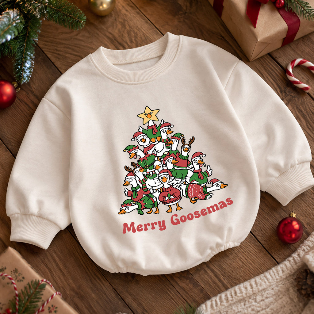 Merry Goosemas Baby Romper, Christmas Goose Tree Outfit, Funny Holiday Romper, Festive Toddler Goose Lover Baby Xmas Gift — product view 5