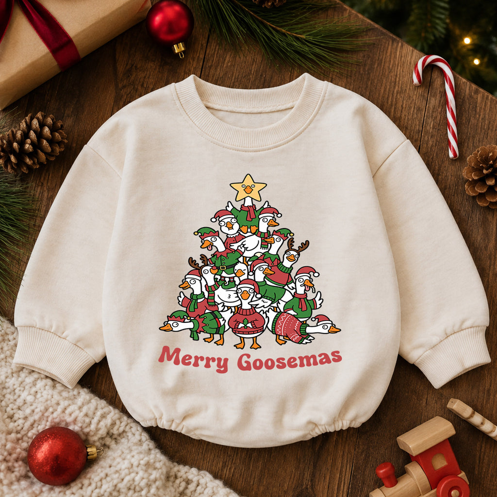 Merry Goosemas Baby Romper, Christmas Goose Tree Outfit, Funny Holiday Romper, Festive Toddler Goose Lover Baby Xmas Gift — product view 6