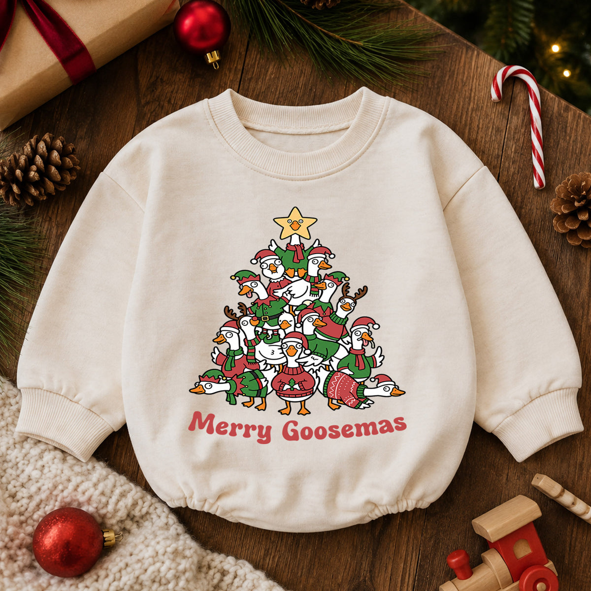 Merry Goosemas Baby Romper, Christmas Goose Tree Outfit, Funny Holiday Romper, Festive Toddler Goose Lover Baby Xmas Gift — product view 6