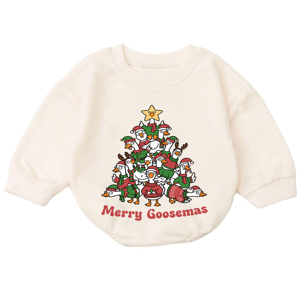 Merry Goosemas Baby Romper, Christmas Goose Tree Outfit, Funny Holiday Romper, Festive Toddler Goose Lover Baby Xmas Gift — product view 7