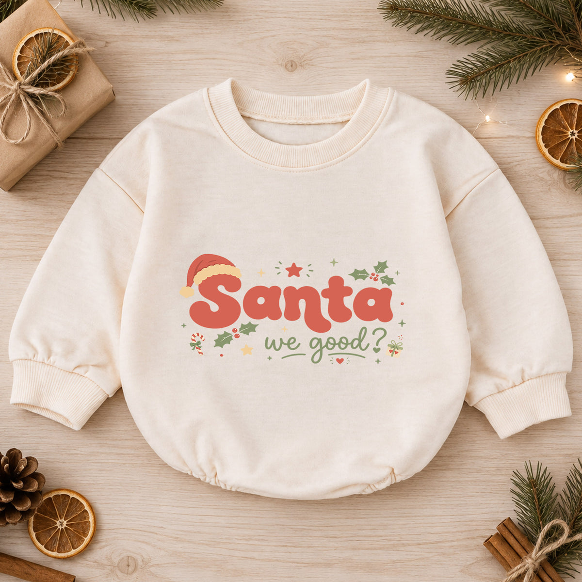 Santa We Good Baby Romper, Funny Christmas Romper for Toddler, Retro Santa 1st Birthday Holiday Outfit, Xmas Gift for Boys and Girls — product view 1