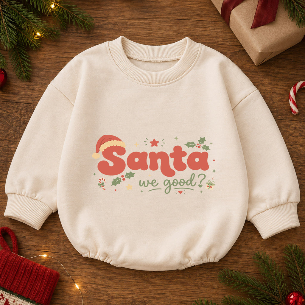 Santa We Good Baby Romper, Funny Christmas Romper for Toddler, Retro Santa 1st Birthday Holiday Outfit, Xmas Gift for Boys and Girls — product view 2