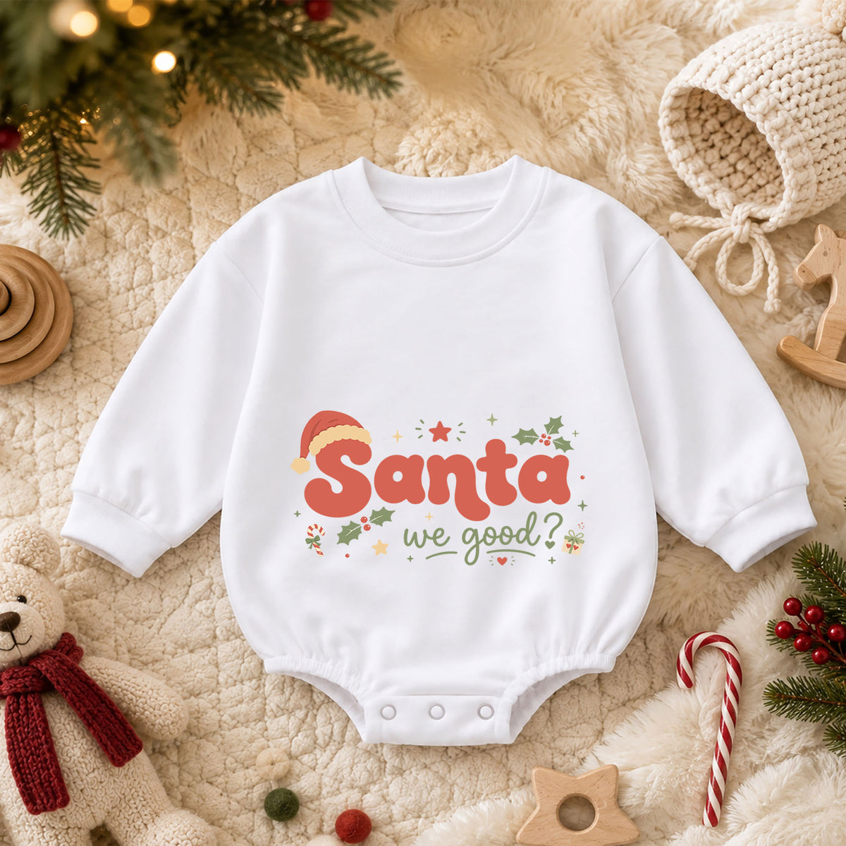 Santa We Good Baby Romper, Funny Christmas Romper for Toddler, Retro Santa 1st Birthday Holiday Outfit, Xmas Gift for Boys and Girls — product view 3