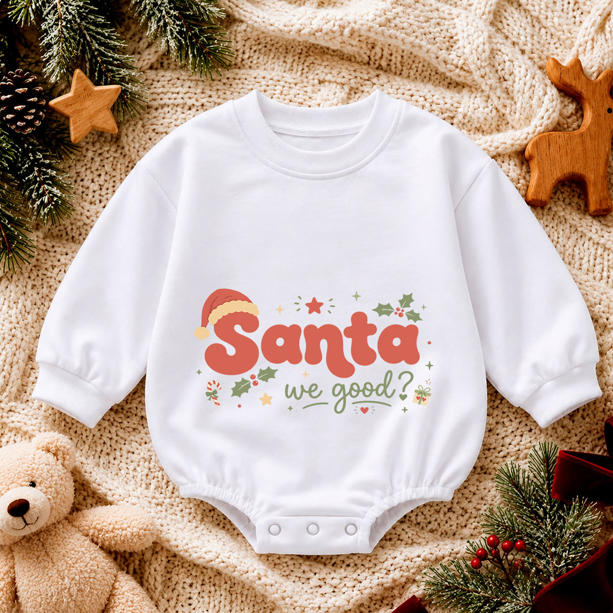 Santa We Good Baby Romper, Funny Christmas Romper for Toddler, Retro Santa 1st Birthday Holiday Outfit, Xmas Gift for Boys and Girls — product view 4
