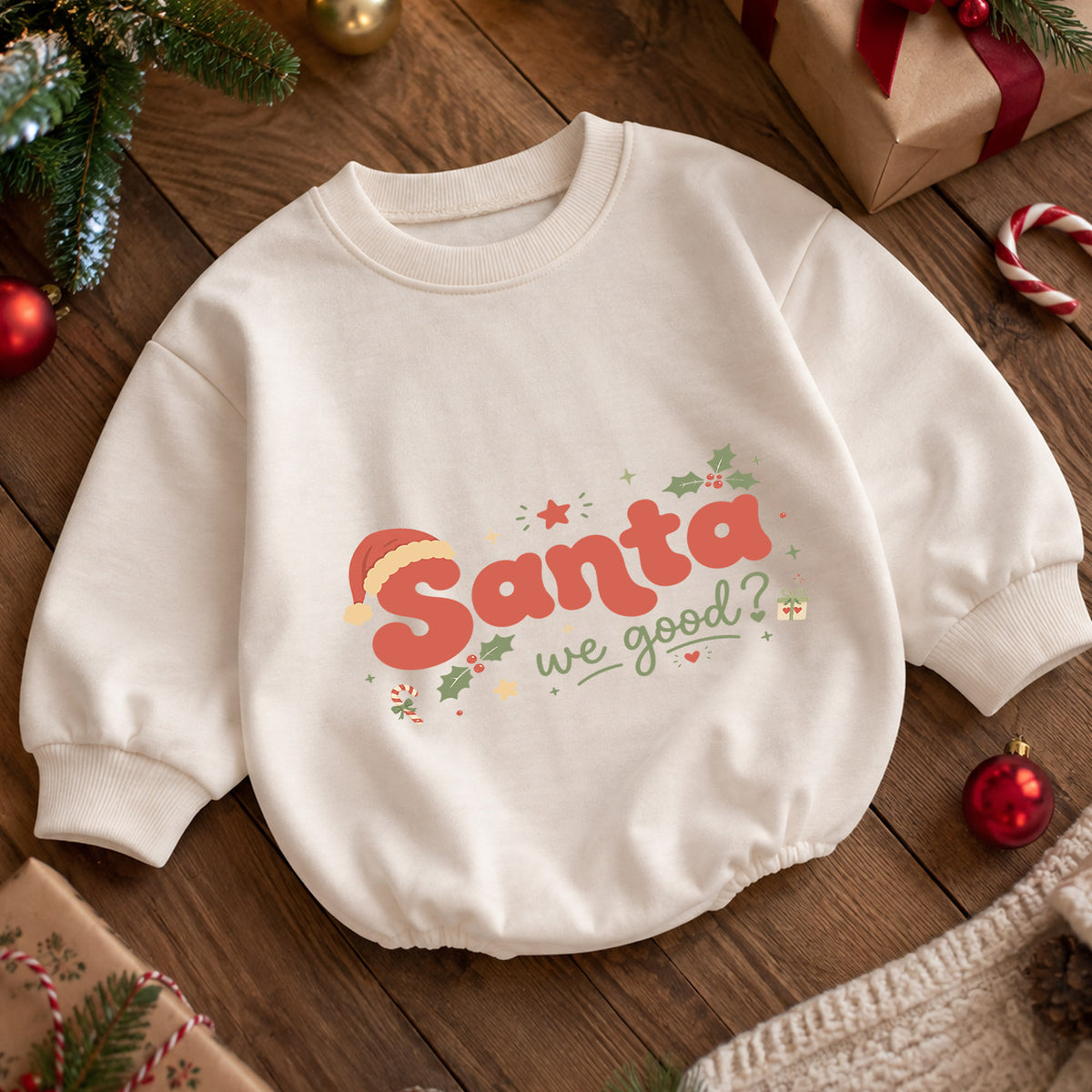 Santa We Good Baby Romper, Funny Christmas Romper for Toddler, Retro Santa 1st Birthday Holiday Outfit, Xmas Gift for Boys and Girls — product view 5