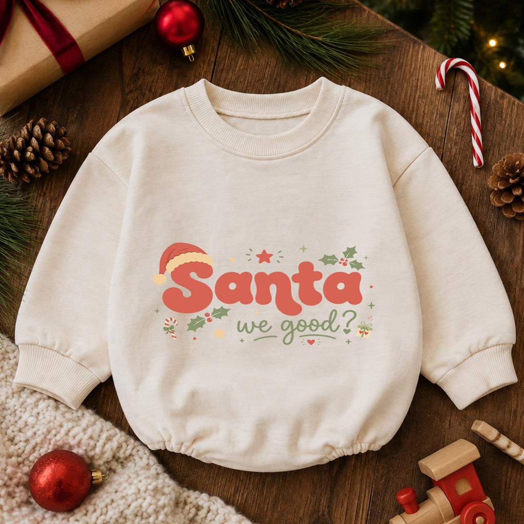Santa We Good Baby Romper, Funny Christmas Romper for Toddler, Retro Santa 1st Birthday Holiday Outfit, Xmas Gift for Boys and Girls — product view 6