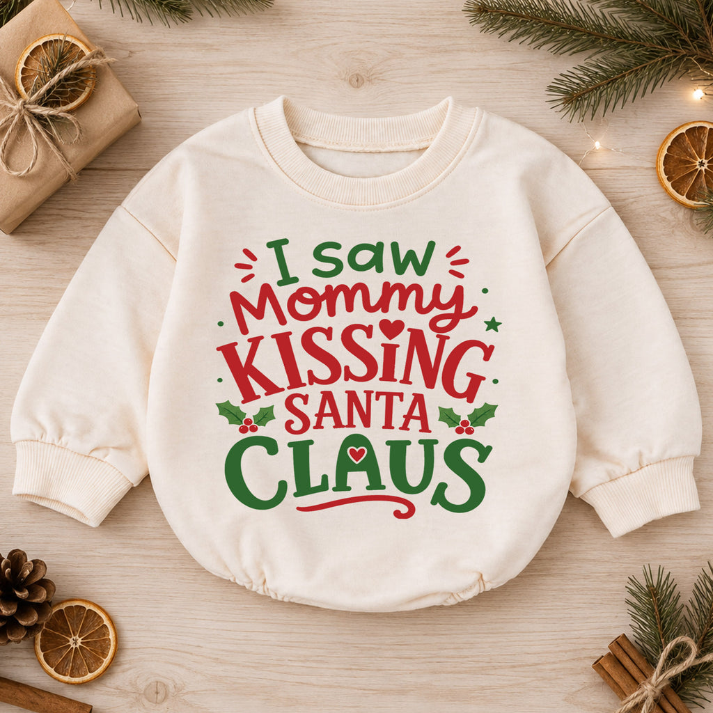 I Saw Mommy Kissing Santa Claus Baby Romper, Funny Christmas Holiday Outfit, Toddler Xmas Clothes, Baby Gift — product view 1