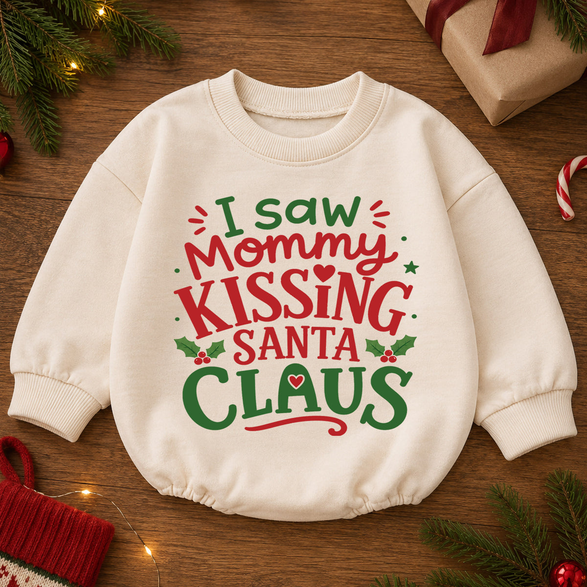 I Saw Mommy Kissing Santa Claus Baby Romper, Funny Christmas Holiday Outfit, Toddler Xmas Clothes, Baby Gift — product view 2