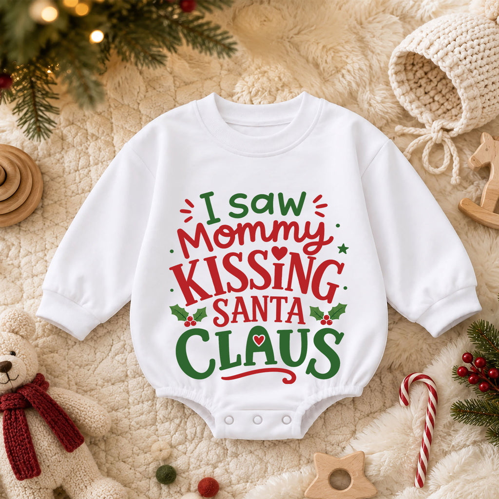 I Saw Mommy Kissing Santa Claus Baby Romper, Funny Christmas Holiday Outfit, Toddler Xmas Clothes, Baby Gift — product view 3