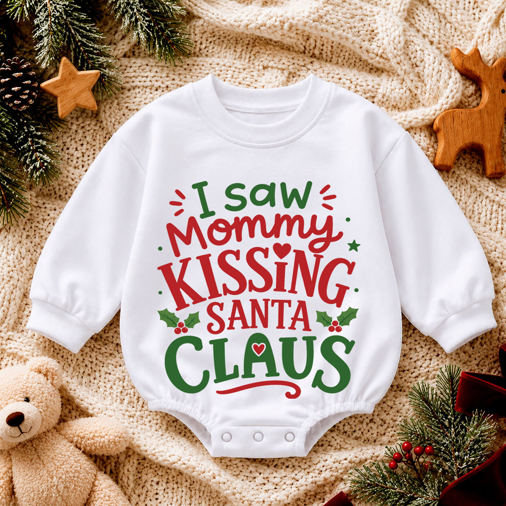 I Saw Mommy Kissing Santa Claus Baby Romper, Funny Christmas Holiday Outfit, Toddler Xmas Clothes, Baby Gift — product view 4