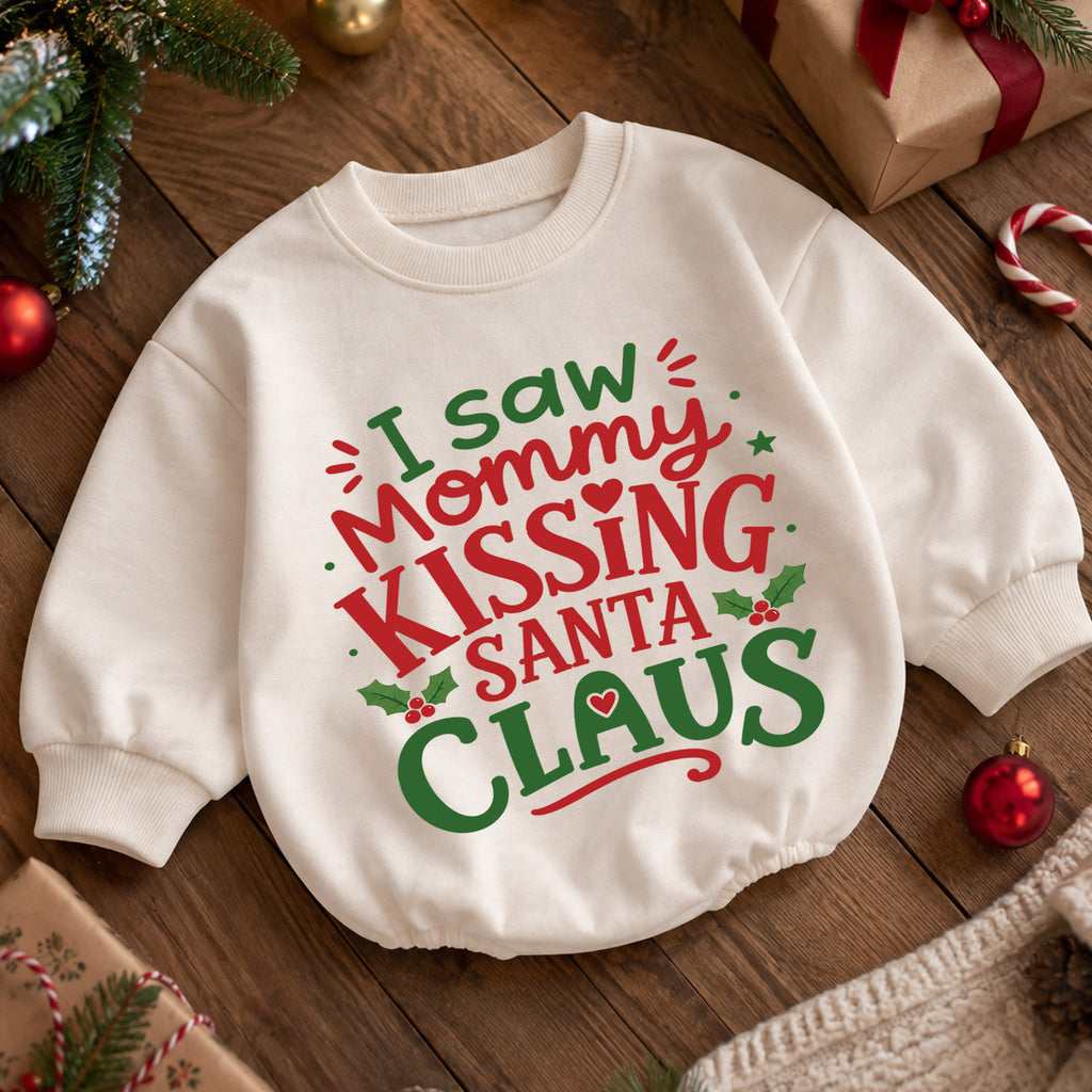I Saw Mommy Kissing Santa Claus Baby Romper, Funny Christmas Holiday Outfit, Toddler Xmas Clothes, Baby Gift — product view 5
