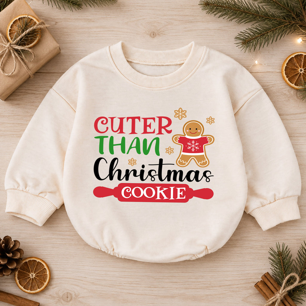 Cuter Than a Christmas Cookie Baby Romper, Gingerbread Holiday Romper, Toddler 1st Birthday Christmas Outfit, Cute Xmas Gift for Baby — product view 1