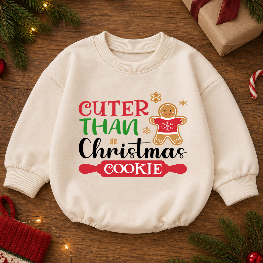 Cuter Than a Christmas Cookie Baby Romper, Gingerbread Holiday Romper, Toddler 1st Birthday Christmas Outfit, Cute Xmas Gift for Baby — product view 2