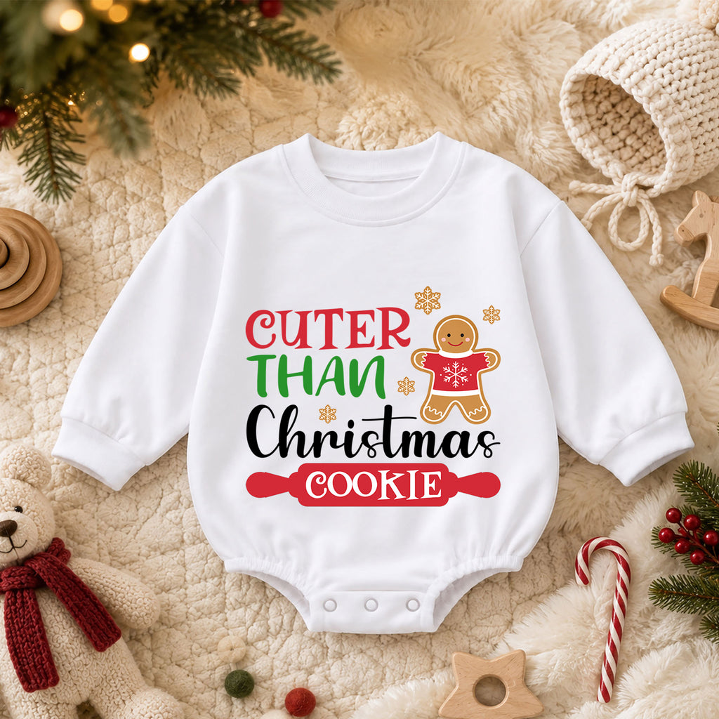 Cuter Than a Christmas Cookie Baby Romper, Gingerbread Holiday Romper, Toddler 1st Birthday Christmas Outfit, Cute Xmas Gift for Baby — product view 3