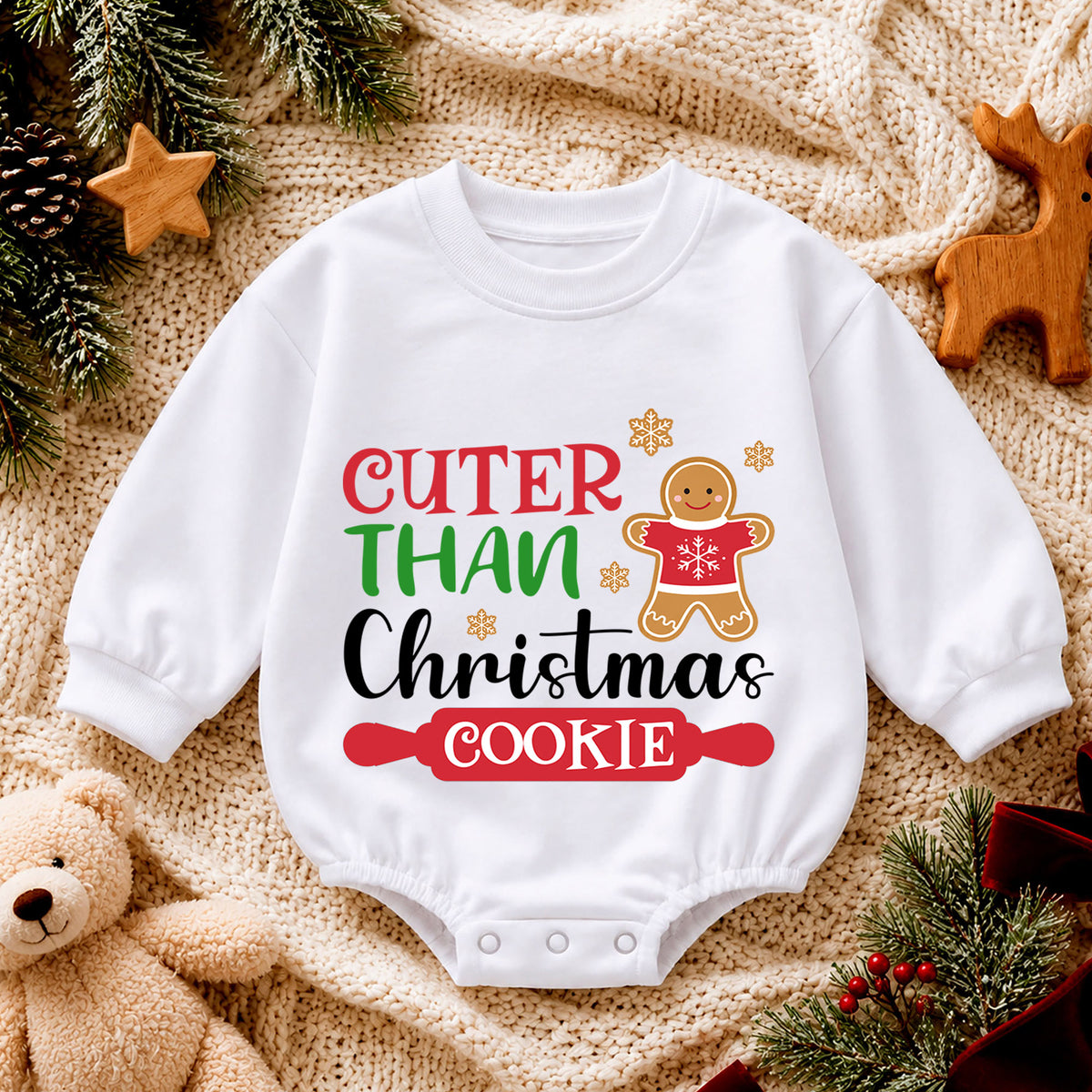 Cuter Than a Christmas Cookie Baby Romper, Gingerbread Holiday Romper, Toddler 1st Birthday Christmas Outfit, Cute Xmas Gift for Baby — product view 4