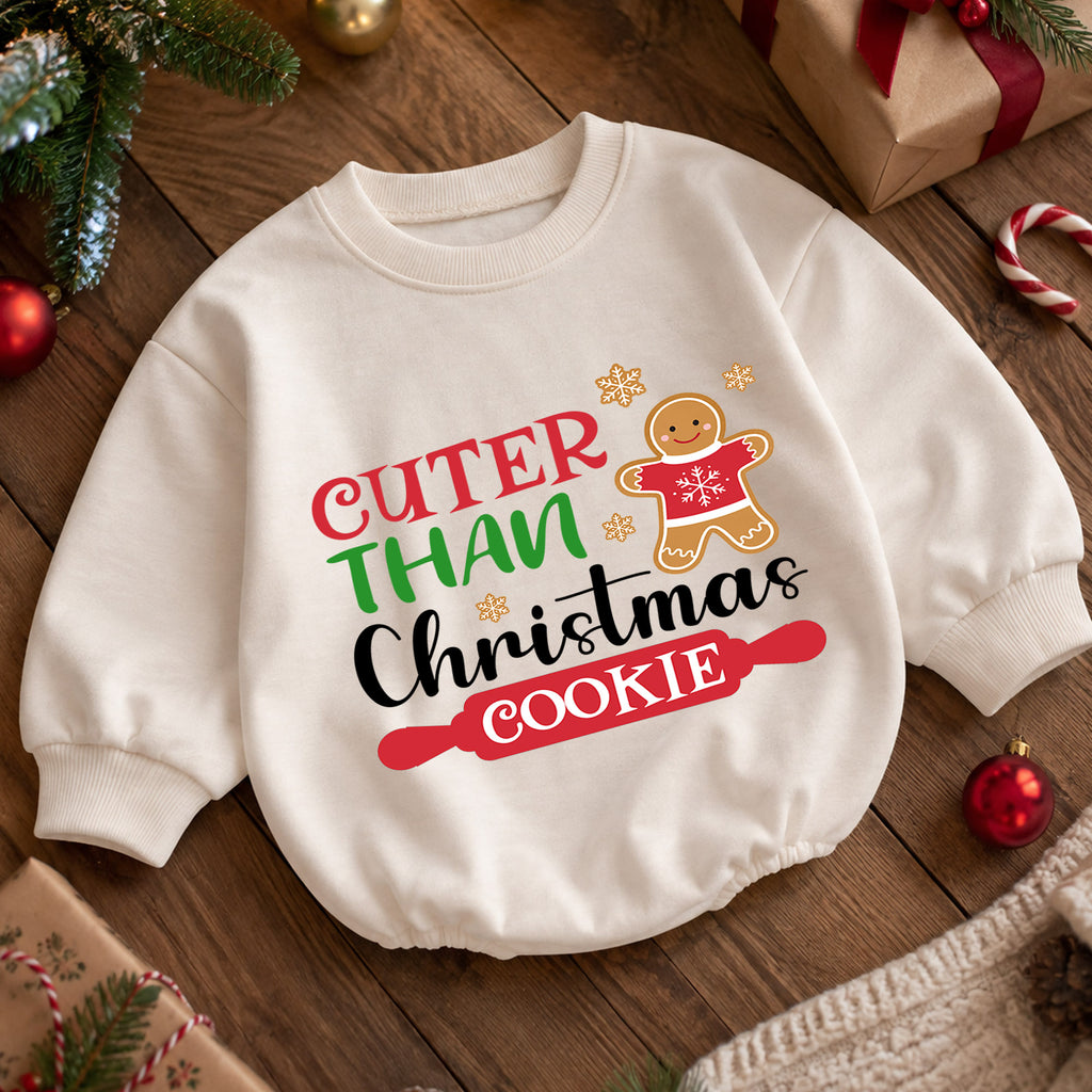 Cuter Than a Christmas Cookie Baby Romper, Gingerbread Holiday Romper, Toddler 1st Birthday Christmas Outfit, Cute Xmas Gift for Baby — product view 5