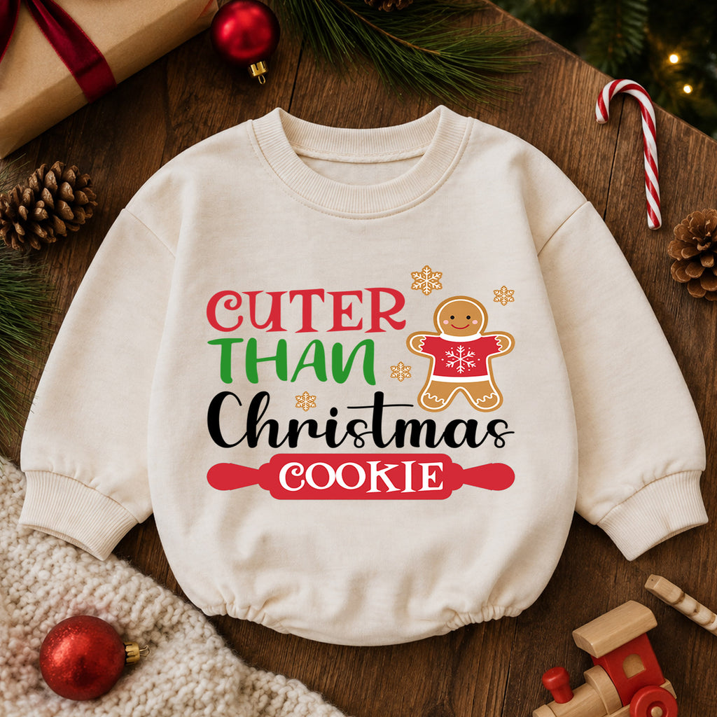 Cuter Than a Christmas Cookie Baby Romper, Gingerbread Holiday Romper, Toddler 1st Birthday Christmas Outfit, Cute Xmas Gift for Baby — product view 6