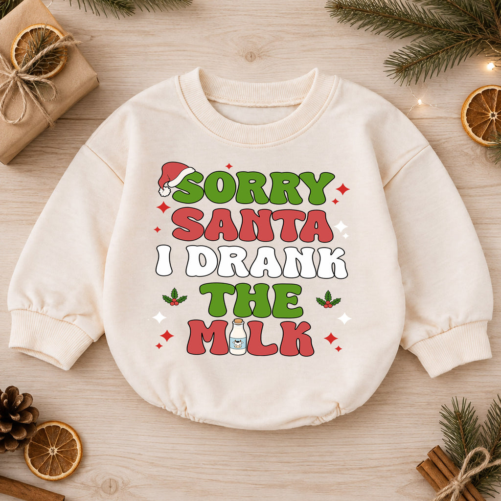 Sorry Santa I Drank the Milk Baby Romper, Funny Christmas Romper, Toddler 1st Birthday Holiday Outfit, Cute Xmas Gift for Boys and Girls — product view 1