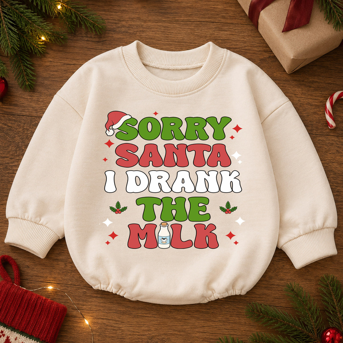 Sorry Santa I Drank the Milk Baby Romper, Funny Christmas Romper, Toddler 1st Birthday Holiday Outfit, Cute Xmas Gift for Boys and Girls — product view 2