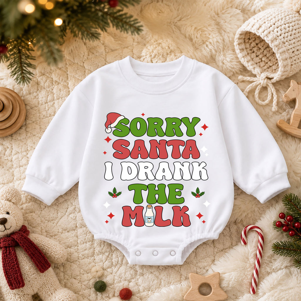 Sorry Santa I Drank the Milk Baby Romper, Funny Christmas Romper, Toddler 1st Birthday Holiday Outfit, Cute Xmas Gift for Boys and Girls — product view 3