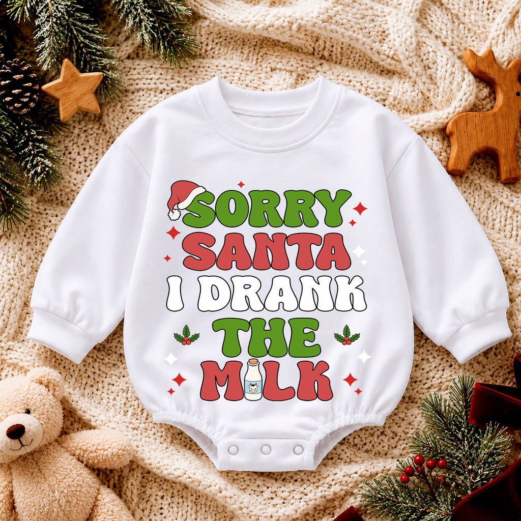 Sorry Santa I Drank the Milk Baby Romper, Funny Christmas Romper, Toddler 1st Birthday Holiday Outfit, Cute Xmas Gift for Boys and Girls — product view 4