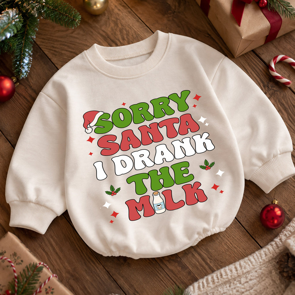 Sorry Santa I Drank the Milk Baby Romper, Funny Christmas Romper, Toddler 1st Birthday Holiday Outfit, Cute Xmas Gift for Boys and Girls — product view 5