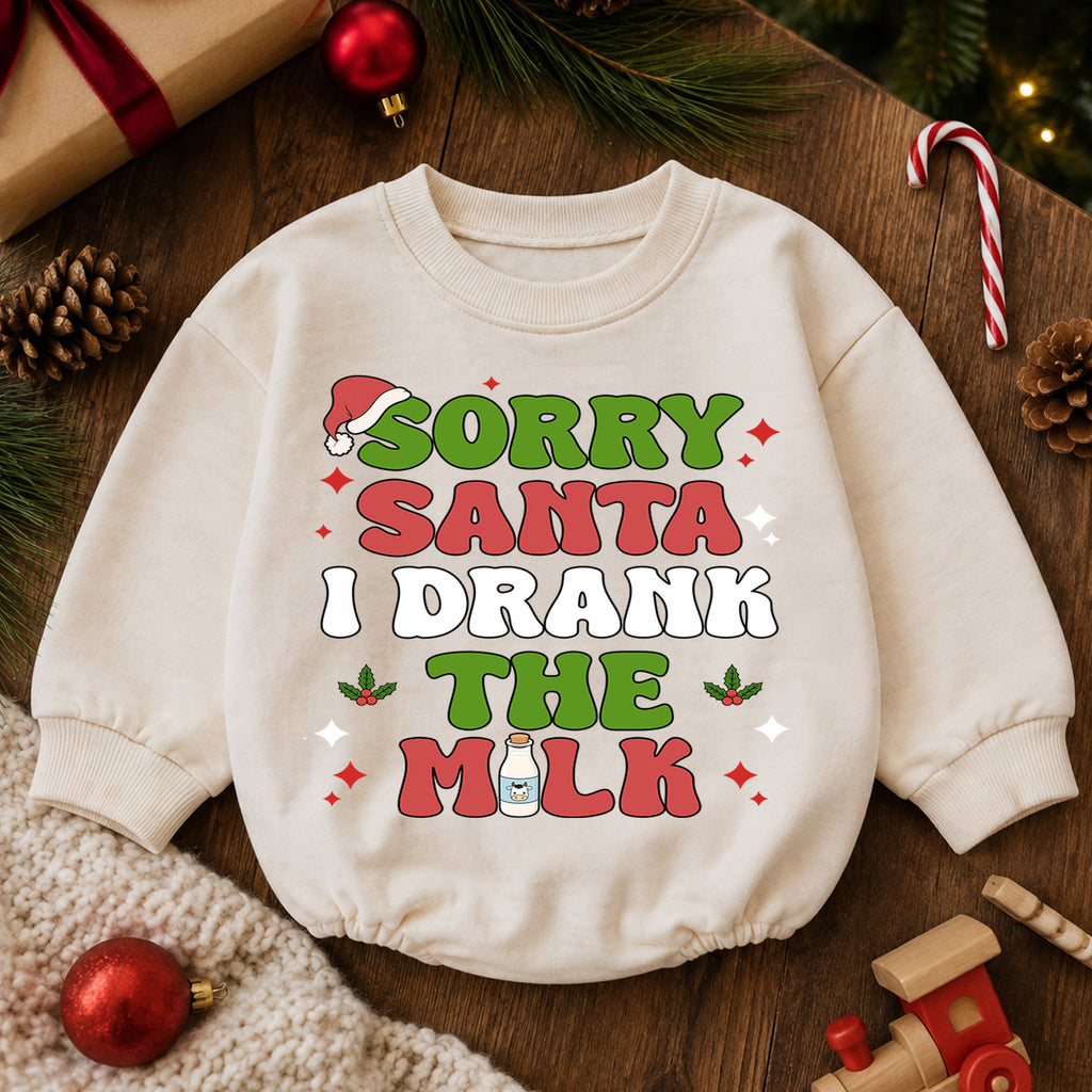 Sorry Santa I Drank the Milk Baby Romper, Funny Christmas Romper, Toddler 1st Birthday Holiday Outfit, Cute Xmas Gift for Boys and Girls — product view 6