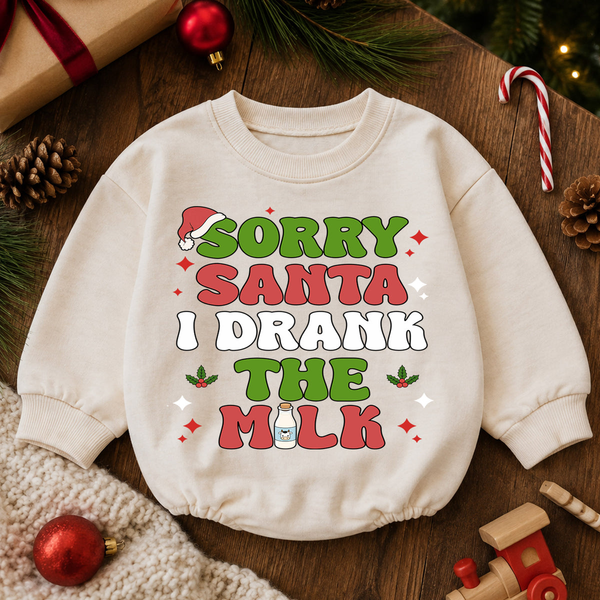 Sorry Santa I Drank the Milk Baby Romper, Funny Christmas Romper, Toddler 1st Birthday Holiday Outfit, Cute Xmas Gift for Boys and Girls — product view 6