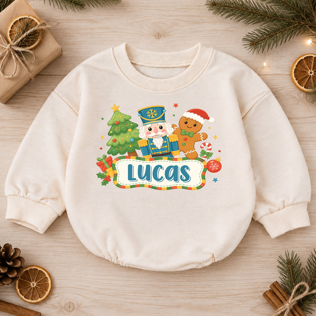 Personalized Nutcracker Christmas Baby Romper, Custom Name Gingerbread Holiday Outfit, 1st Christmas Gift for Baby Boys Baby — product view 1