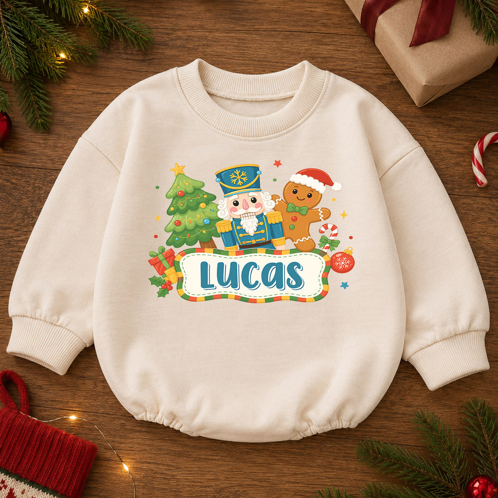 Personalized Nutcracker Christmas Baby Romper, Custom Name Gingerbread Holiday Outfit, 1st Christmas Gift for Baby Boys Baby — product view 2