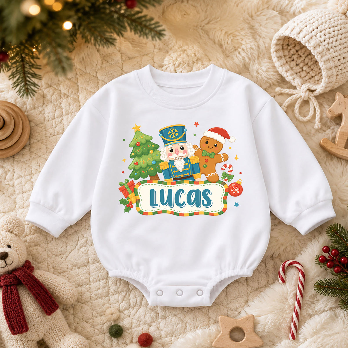 Personalized Nutcracker Christmas Baby Romper, Custom Name Gingerbread Holiday Outfit, 1st Christmas Gift for Baby Boys Baby — product view 3