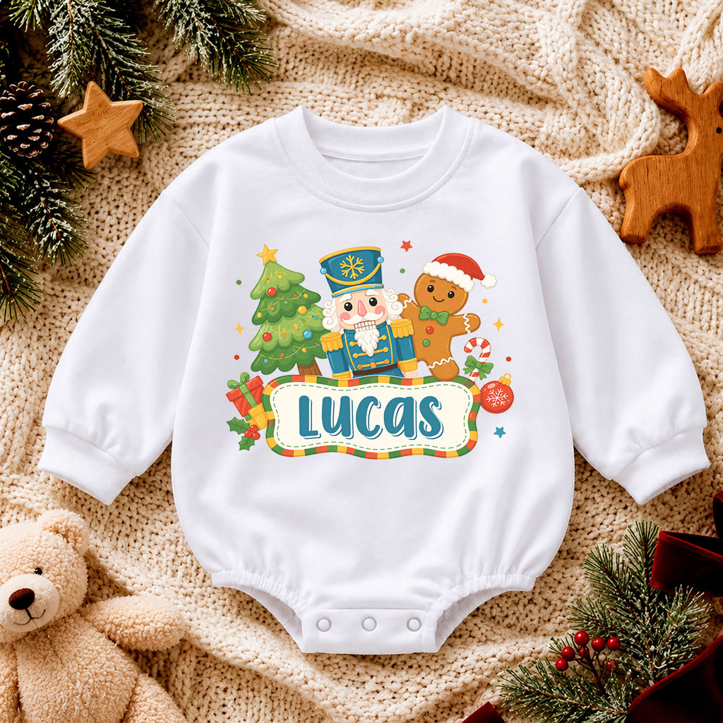 Personalized Nutcracker Christmas Baby Romper, Custom Name Gingerbread Holiday Outfit, 1st Christmas Gift for Baby Boys Baby — product view 4