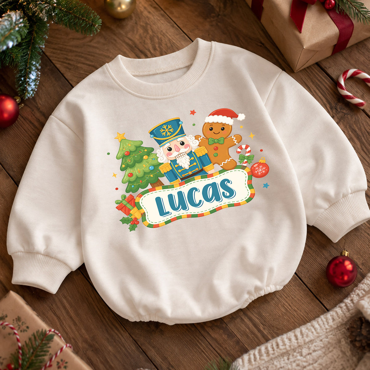 Personalized Nutcracker Christmas Baby Romper, Custom Name Gingerbread Holiday Outfit, 1st Christmas Gift for Baby Boys Baby — product view 5