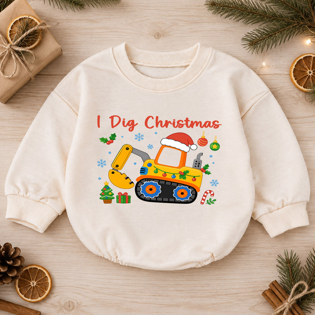 I Dig Christmas Baby Romper, Excavator Christmas Outfit, Construction Toddler Holiday Romper, Digger Xmas Baby Gift — product view 1