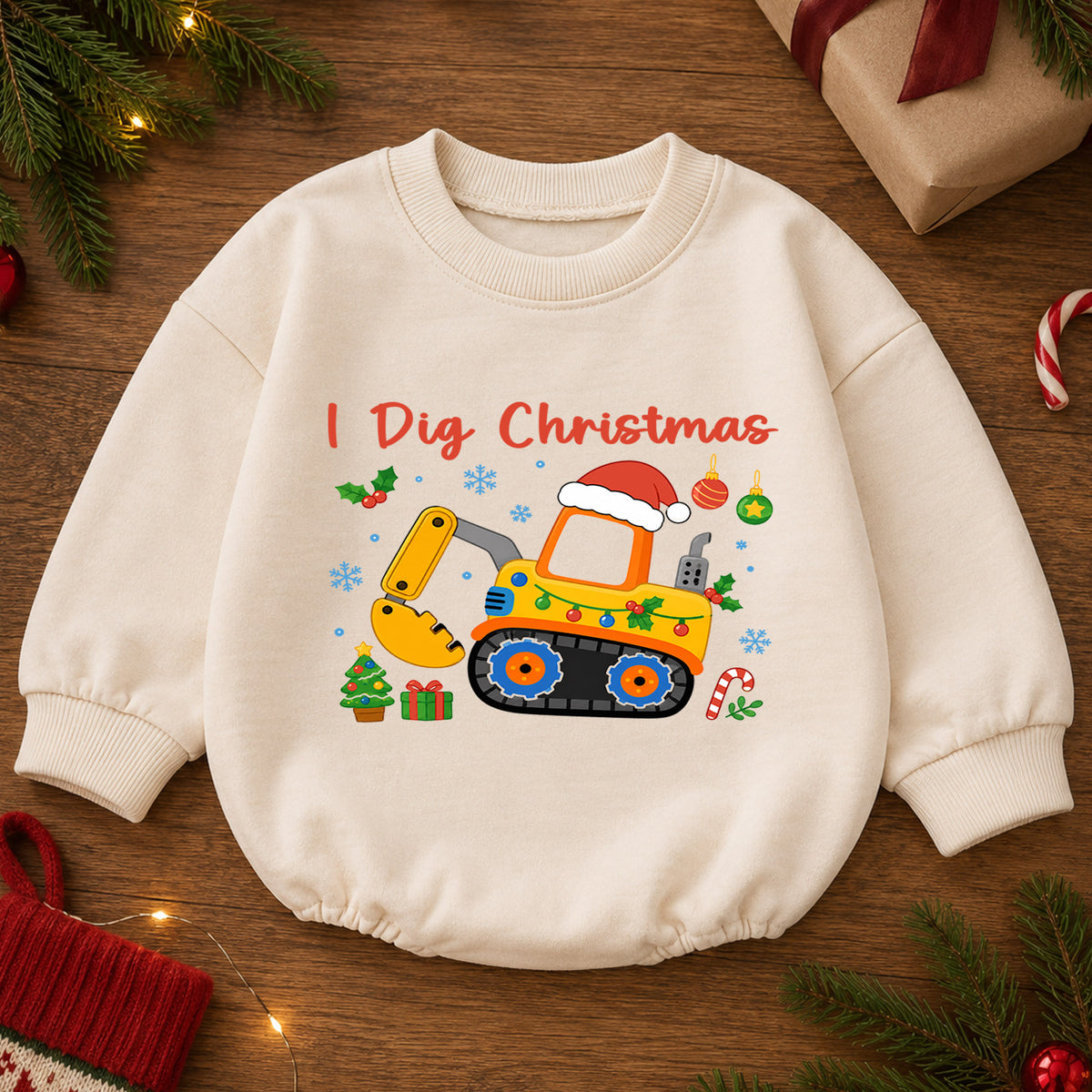 I Dig Christmas Baby Romper, Excavator Christmas Outfit, Construction Toddler Holiday Romper, Digger Xmas Baby Gift — product view 2