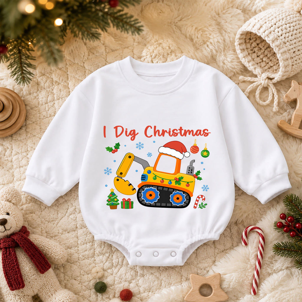 I Dig Christmas Baby Romper, Excavator Christmas Outfit, Construction Toddler Holiday Romper, Digger Xmas Baby Gift — product view 3