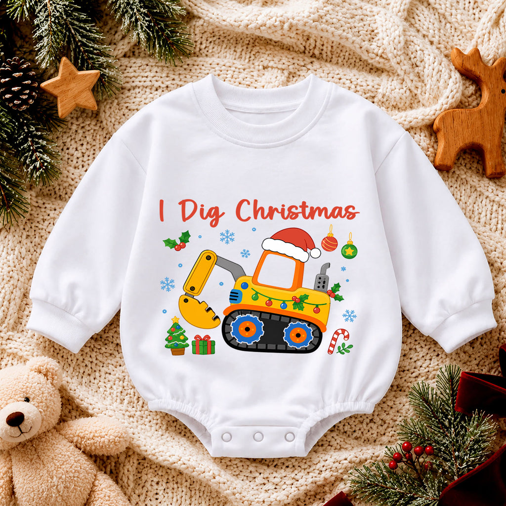 I Dig Christmas Baby Romper, Excavator Christmas Outfit, Construction Toddler Holiday Romper, Digger Xmas Baby Gift — product view 4