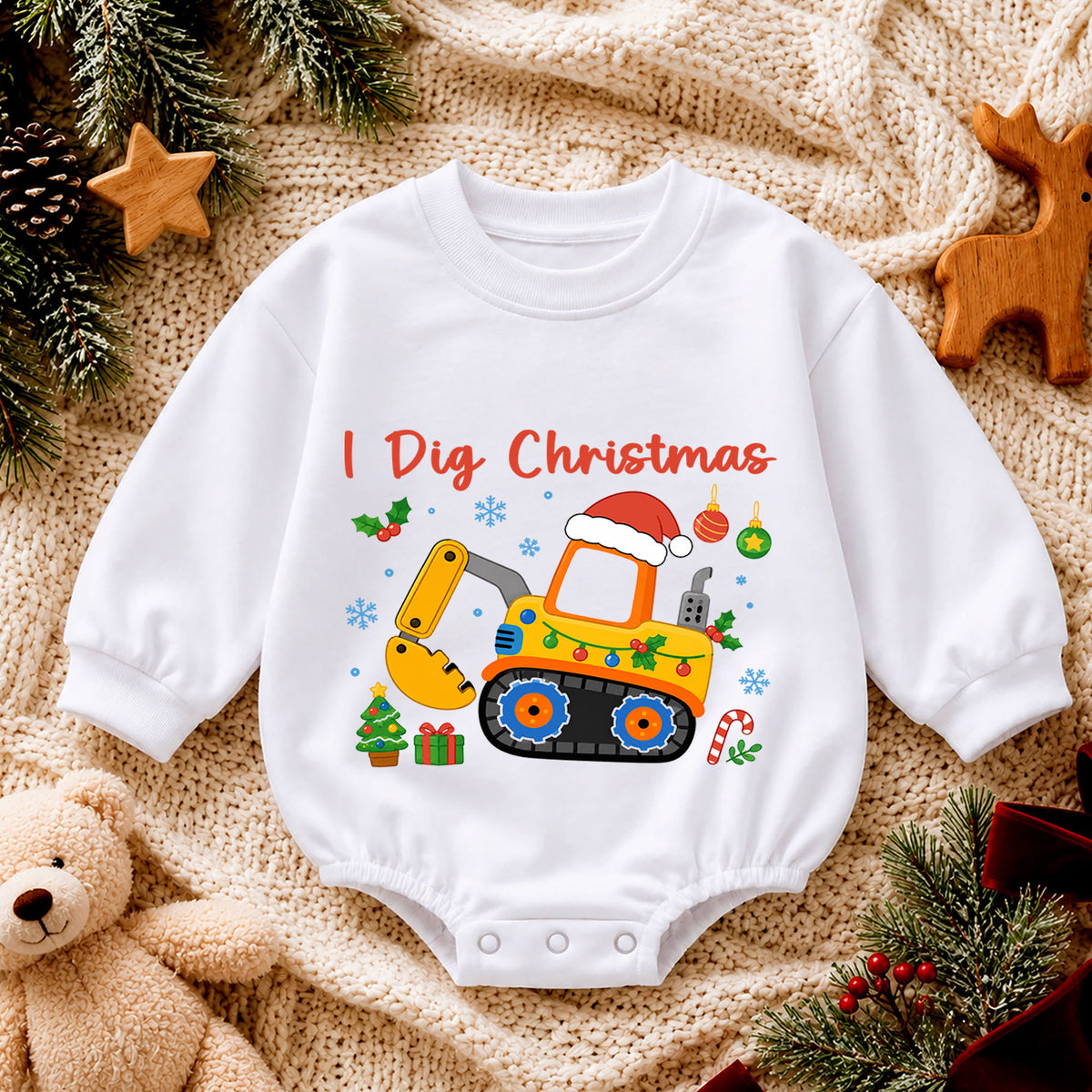 I Dig Christmas Baby Romper, Excavator Christmas Outfit, Construction Toddler Holiday Romper, Digger Xmas Baby Gift — product view 4