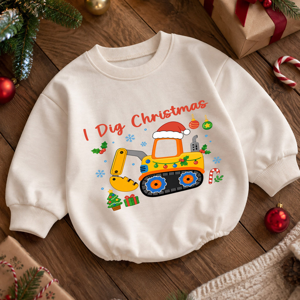 I Dig Christmas Baby Romper, Excavator Christmas Outfit, Construction Toddler Holiday Romper, Digger Xmas Baby Gift — product view 5