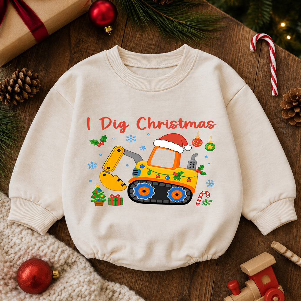 I Dig Christmas Baby Romper, Excavator Christmas Outfit, Construction Toddler Holiday Romper, Digger Xmas Baby Gift — product view 6