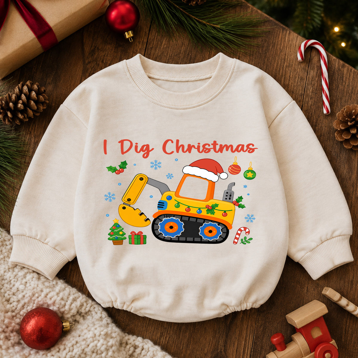 I Dig Christmas Baby Romper, Excavator Christmas Outfit, Construction Toddler Holiday Romper, Digger Xmas Baby Gift — product view 6