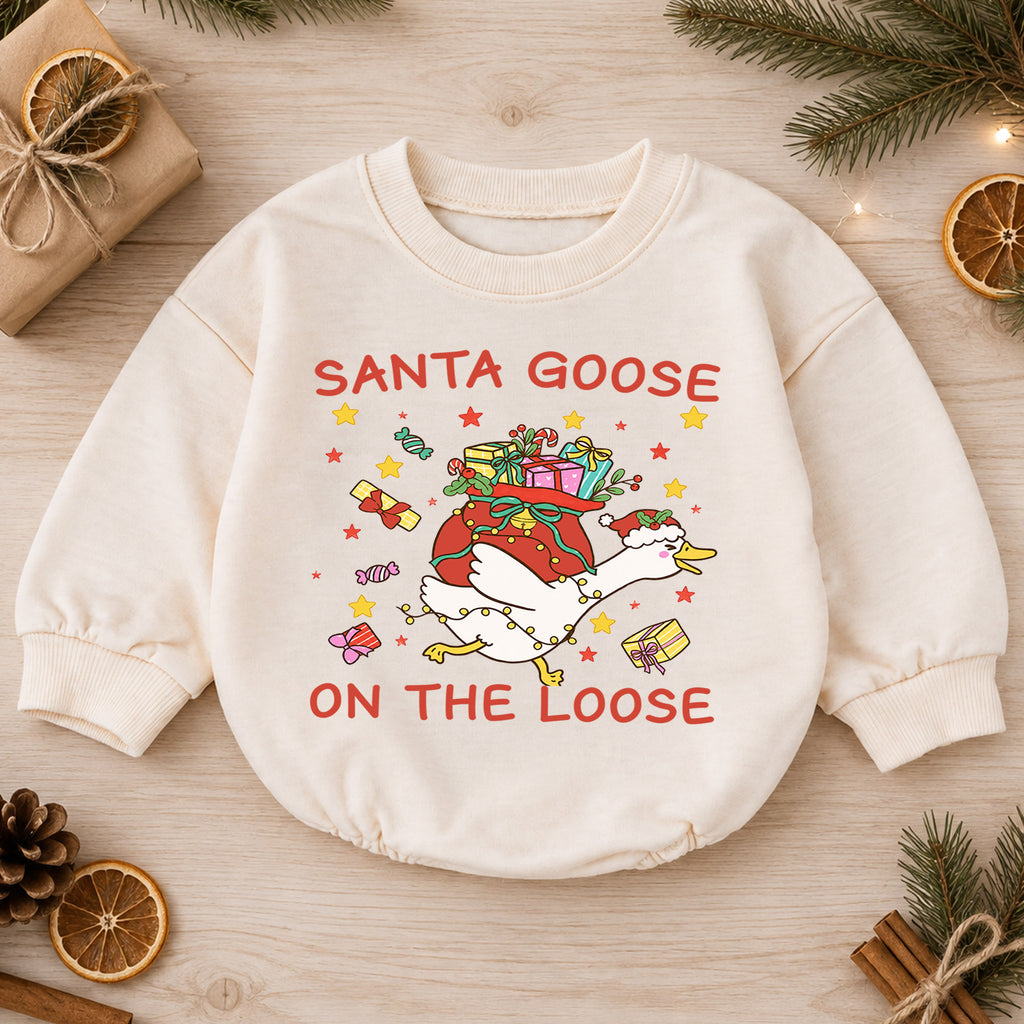 Santa Goose on the Loose Baby Romper, Christmas Gift Goose Outfit, Funny Holiday Romper, Cute Toddler Goose Lover Xmas Gift — product view 1
