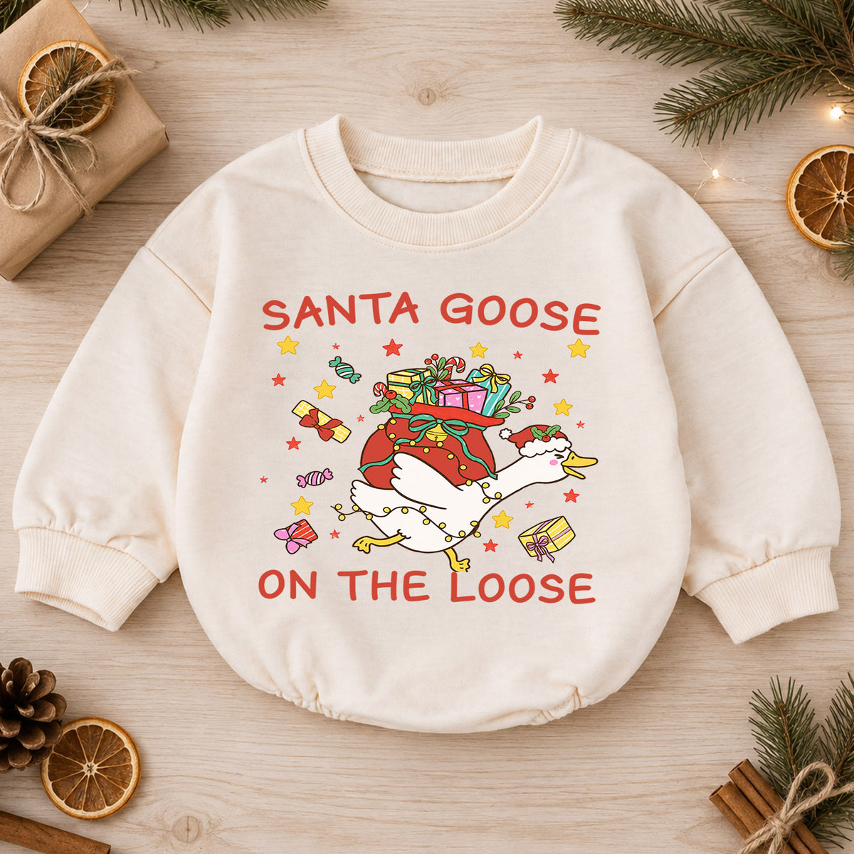 Santa Goose on the Loose Baby Romper, Christmas Gift Goose Outfit, Funny Holiday Romper, Cute Toddler Goose Lover Xmas Gift — product view 1