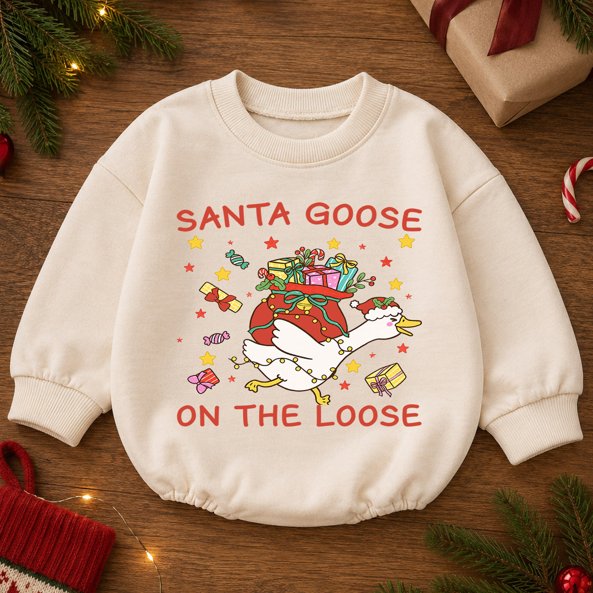 Santa Goose on the Loose Baby Romper, Christmas Gift Goose Outfit, Funny Holiday Romper, Cute Toddler Goose Lover Xmas Gift — product view 2