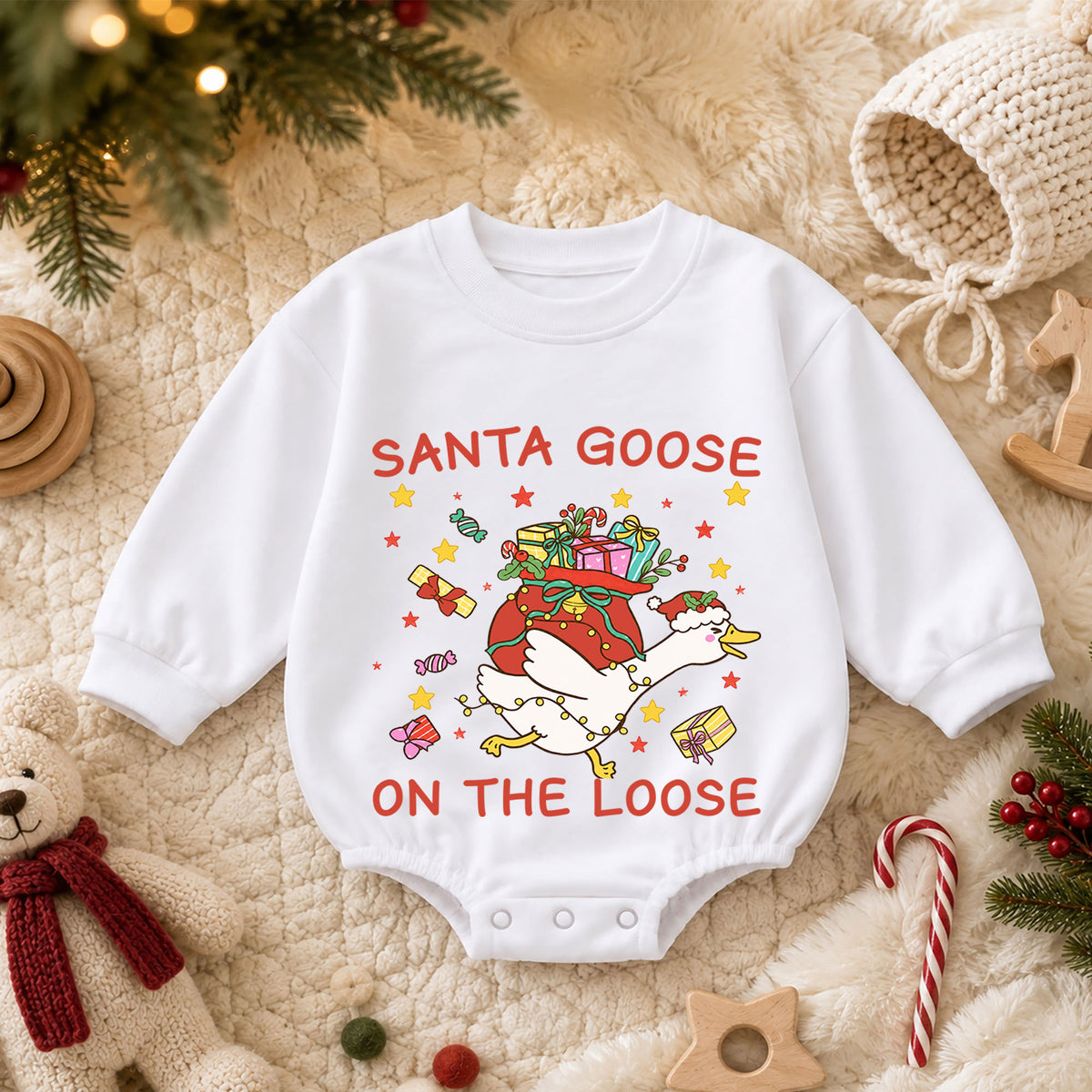Santa Goose on the Loose Baby Romper, Christmas Gift Goose Outfit, Funny Holiday Romper, Cute Toddler Goose Lover Xmas Gift — product view 3