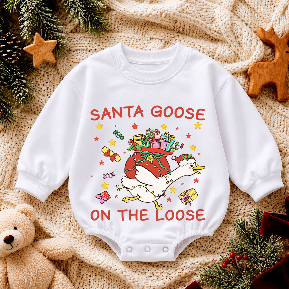 Santa Goose on the Loose Baby Romper, Christmas Gift Goose Outfit, Funny Holiday Romper, Cute Toddler Goose Lover Xmas Gift — product view 4