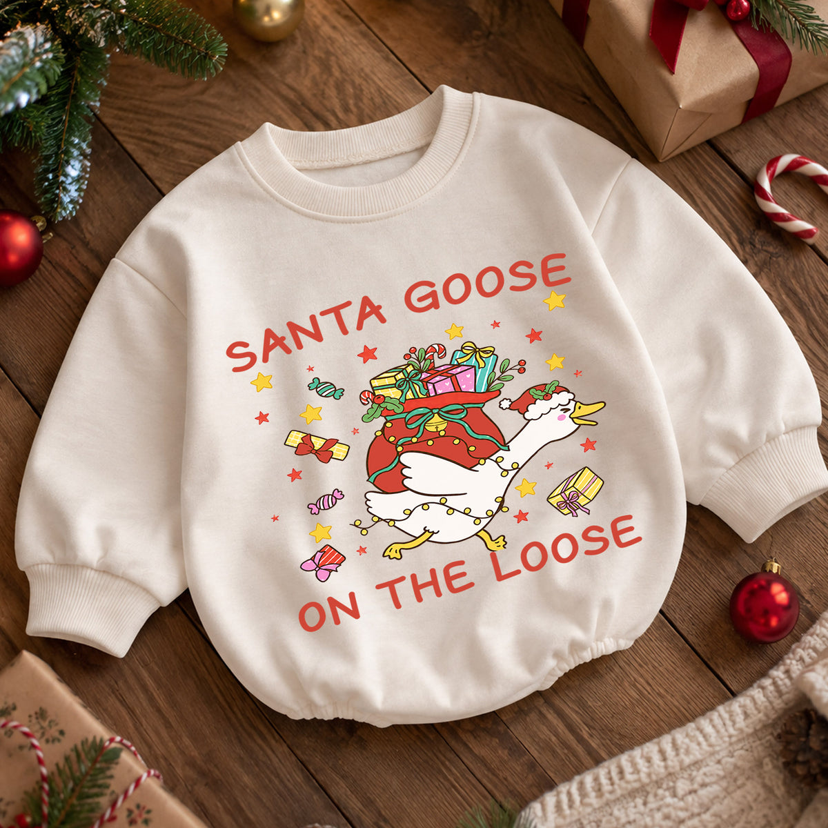 Santa Goose on the Loose Baby Romper, Christmas Gift Goose Outfit, Funny Holiday Romper, Cute Toddler Goose Lover Xmas Gift — product view 5