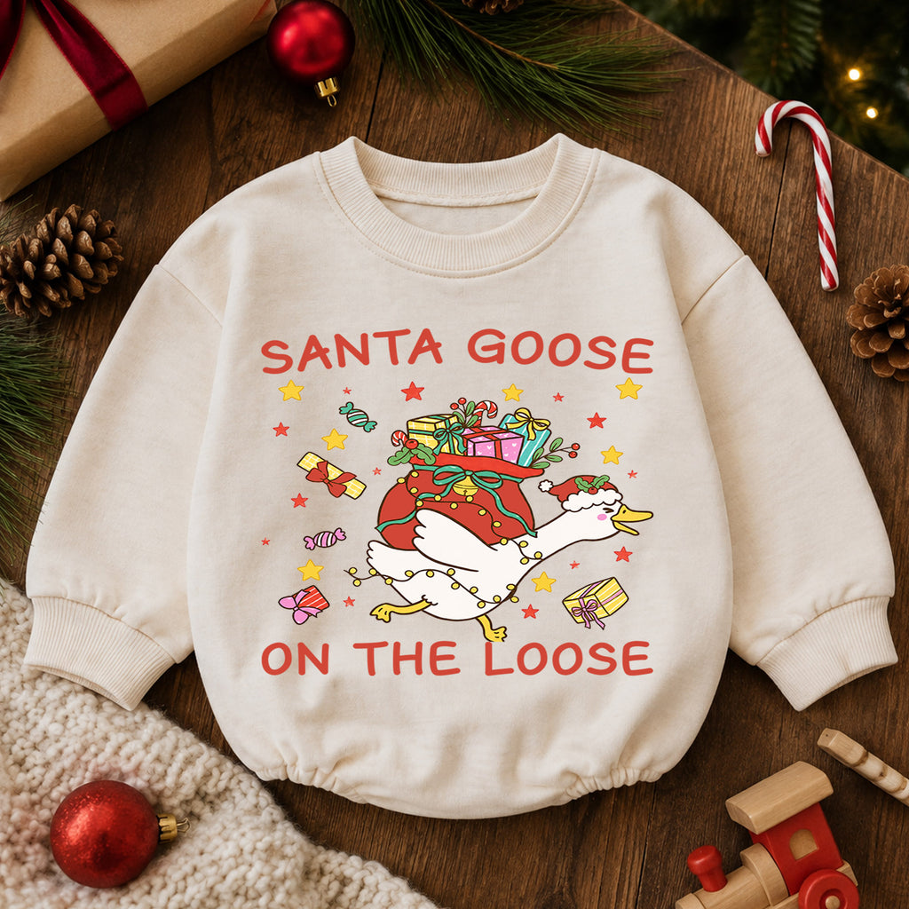 Santa Goose on the Loose Baby Romper, Christmas Gift Goose Outfit, Funny Holiday Romper, Cute Toddler Goose Lover Xmas Gift — product view 6