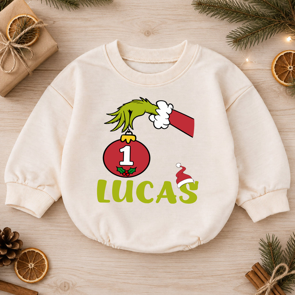 Custom Name 1st Christmas Baby Romper, Personalized Ornament Number One Holiday Outfit, My First Birthday Christmas Gift — product view 1